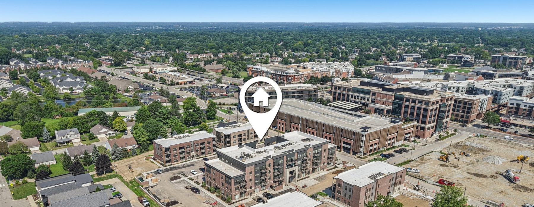 Aerial view of Fishers apartment with pin above building