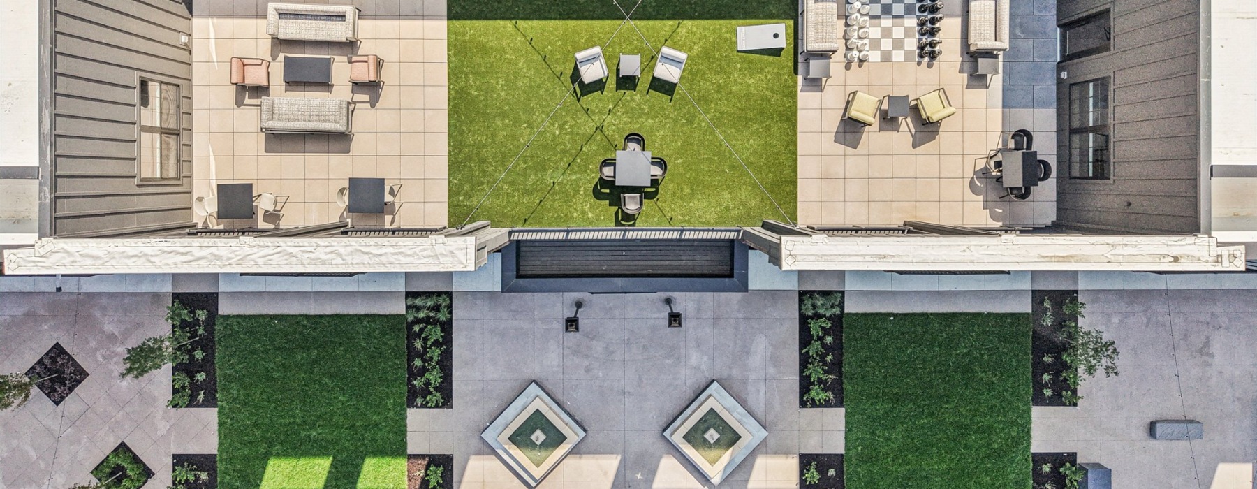 Aerial view of outdoor lounge with turf