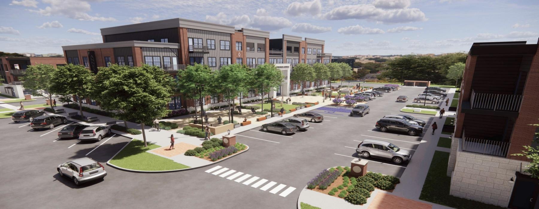 a parking lot with cars and buildings
