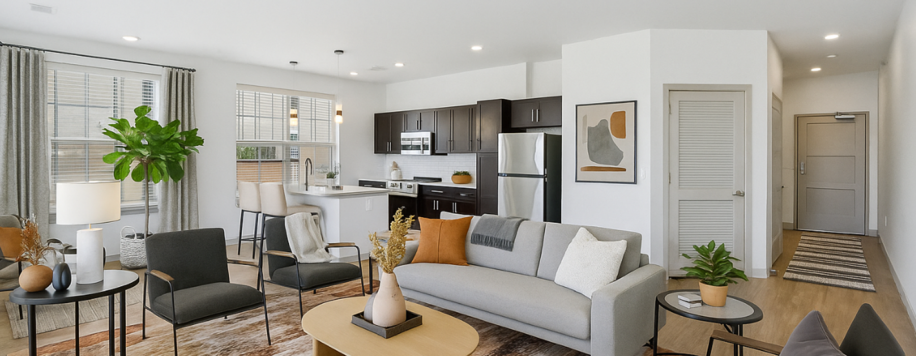 Styled apartment living room and kitchen