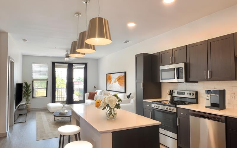 a kitchen with a table and chairs