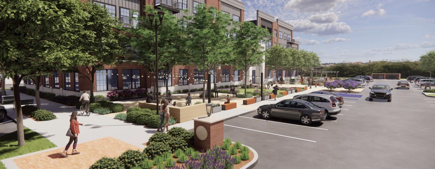 a parking lot with cars and people walking by and buildings in the back
